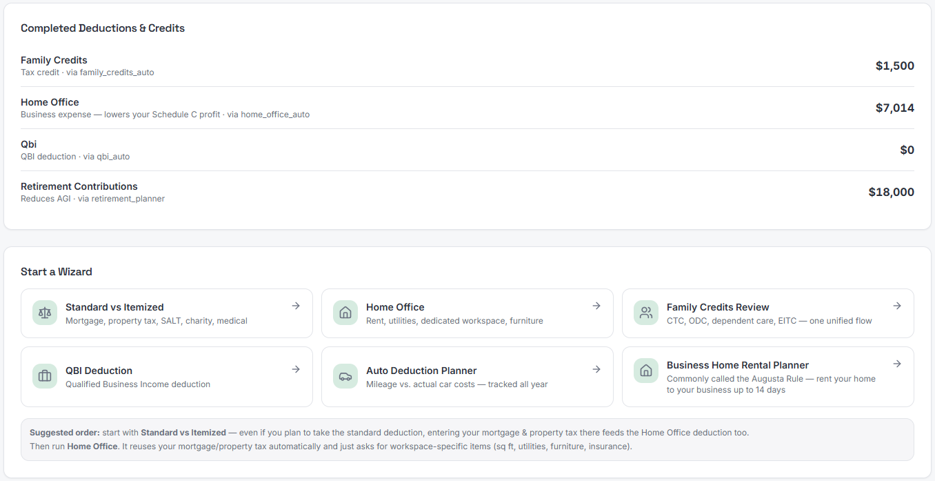 Deduction Optimizer Dashboard in SnapTax - Wizard Driven SnapTax Optimizer's advanced tax planning software for freelancers, showing deductions and wizard options.