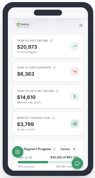 SnapTax Builder mobile app dashboard showing freelancer income, expenses, and tax savings goal.